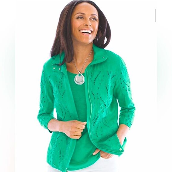 Chico’s green eyelet linen lightweight 3/4 sleeve zip up jacket - Picture 3 of 14